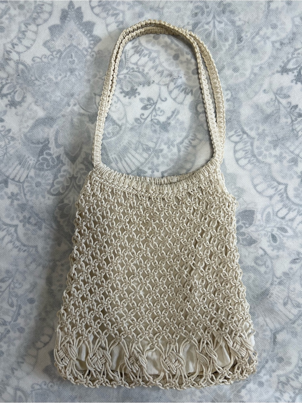 Vintage 70s Macrame Net Handbag Lining Boho Ivory Shaker Festival Tote Purse